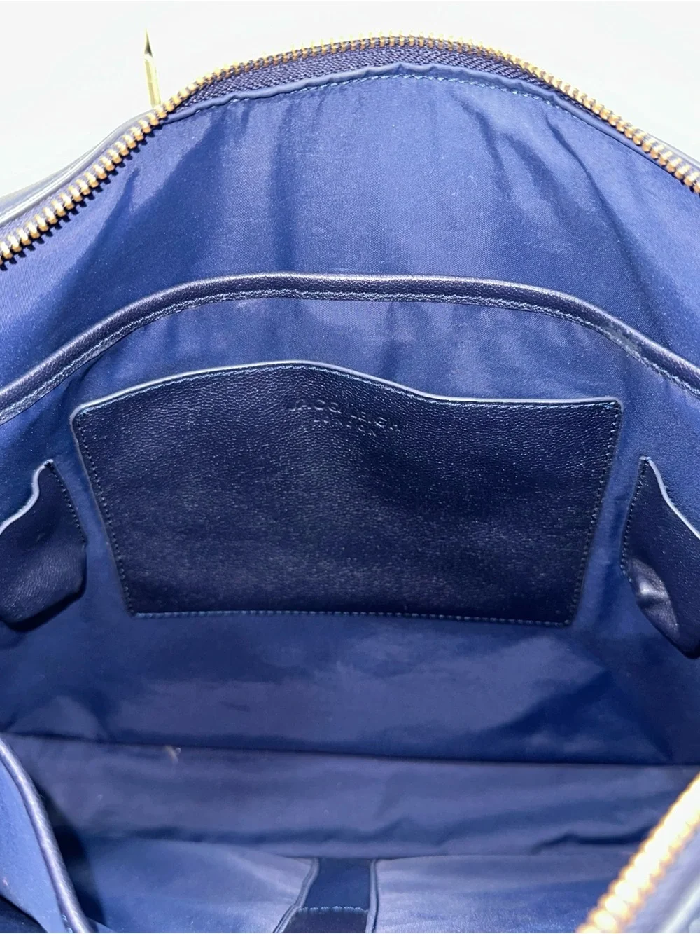 Jacq Leigh London Navy White Leather Satchel Crossbody Bag Gold Hardware Laptop